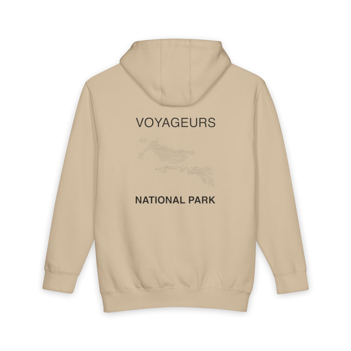 Mushroom Voyageurs National Park hoodie, back view with topographic line design