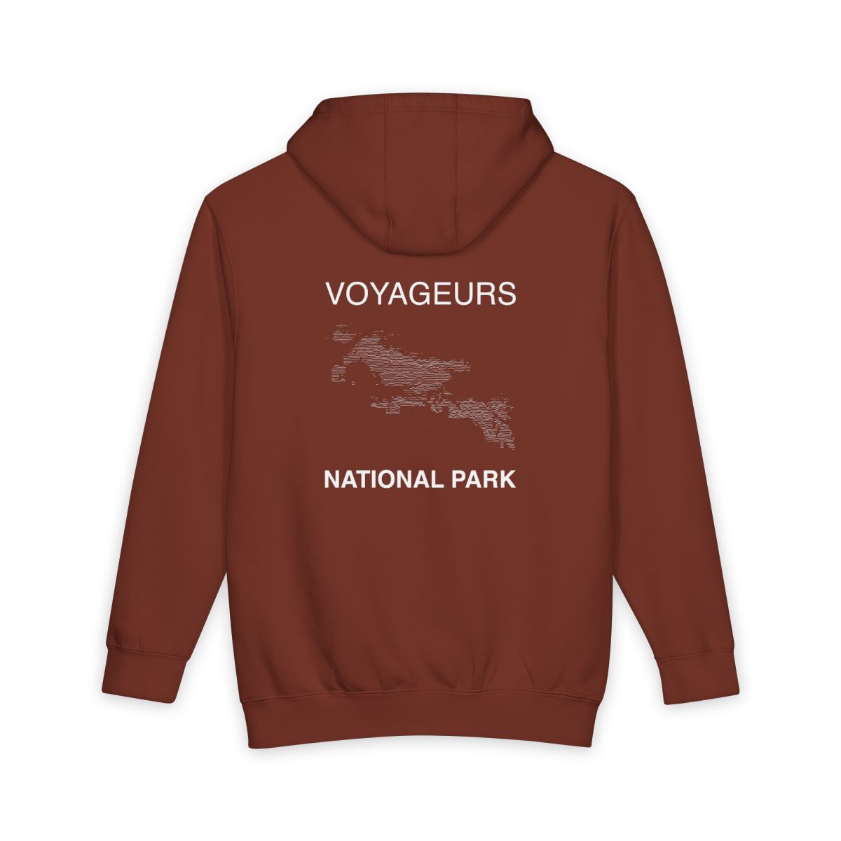 Paprika Voyageurs National Park hoodie, back view with topographic line design