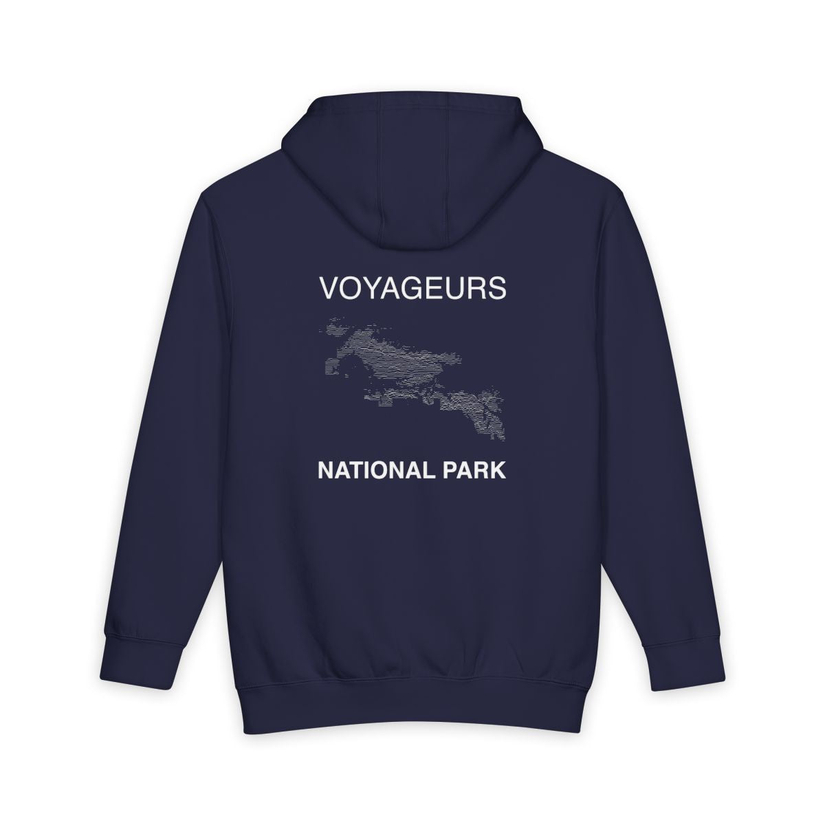 Navy Blue Voyageurs National Park hoodie, back view with topographic line design