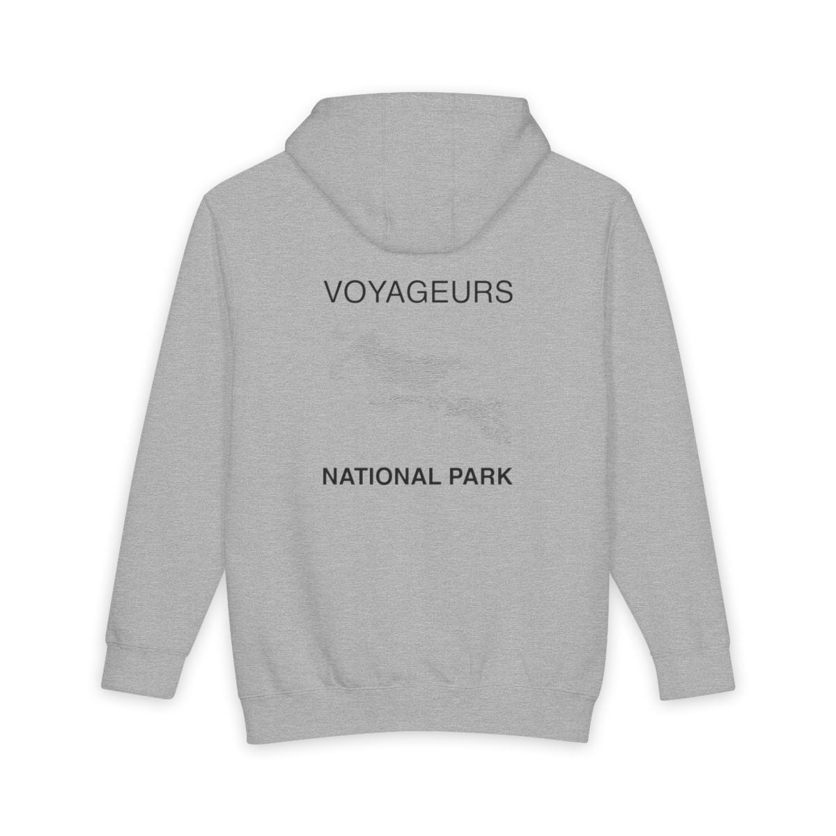 Heather Grey Voyageurs National Park hoodie, back view with topographic line design