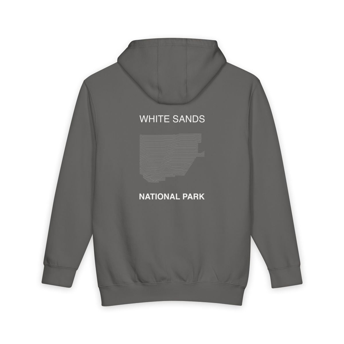 Storm White Sands National Park hoodie, back view with topographic line design