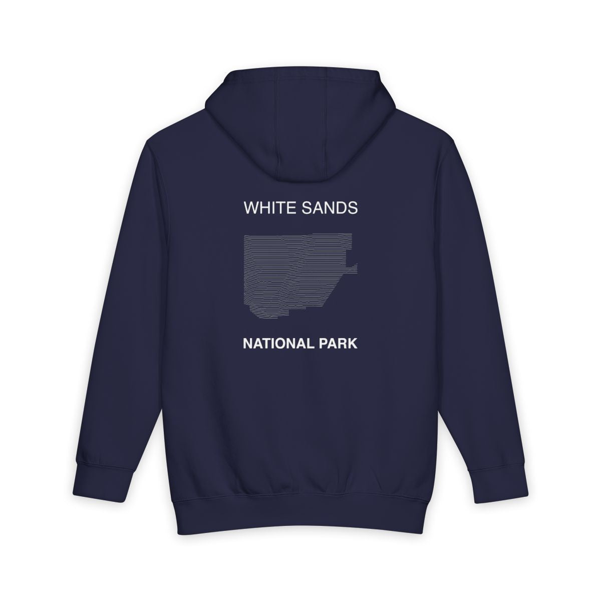 Navy Blue White Sands National Park hoodie, back view with topographic line design