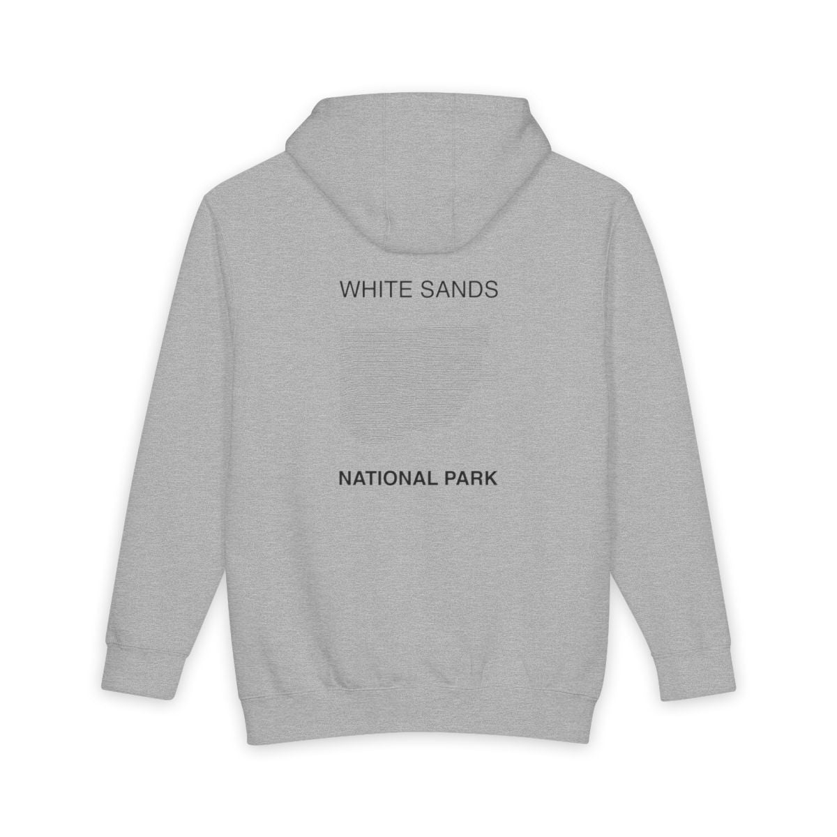 Heather Grey White Sands National Park hoodie, back view with topographic line design