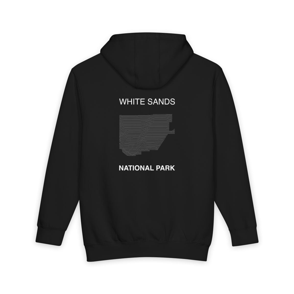 Black White Sands National Park hoodie, back view with topographic line design