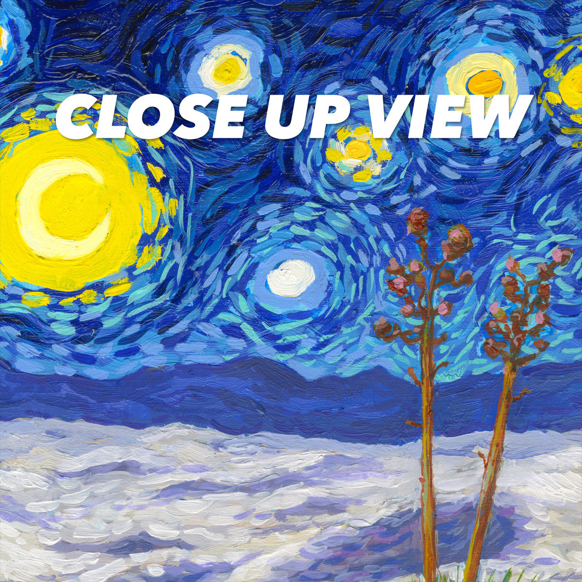 Close-up view of the White Sands National Park Starry Night poster artwork, showing colorful Van Gogh-inspired brushwork