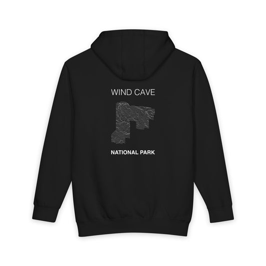 Black Wind Cave National Park hoodie, back view with topographic line design