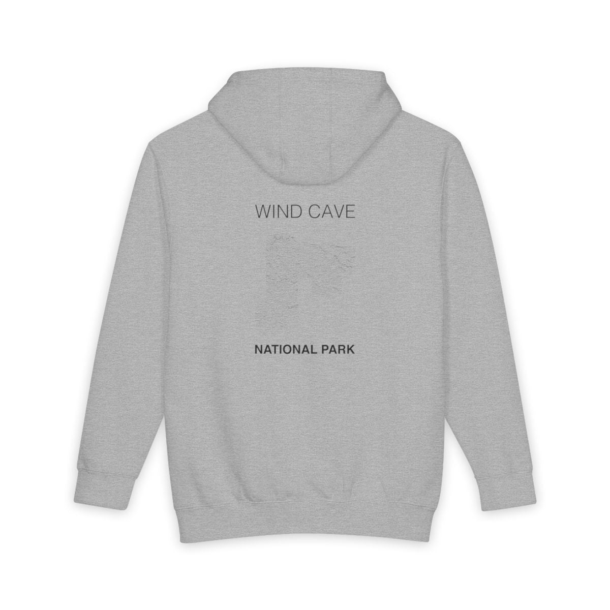 Heather Grey Wind Cave National Park hoodie, back view with topographic line design