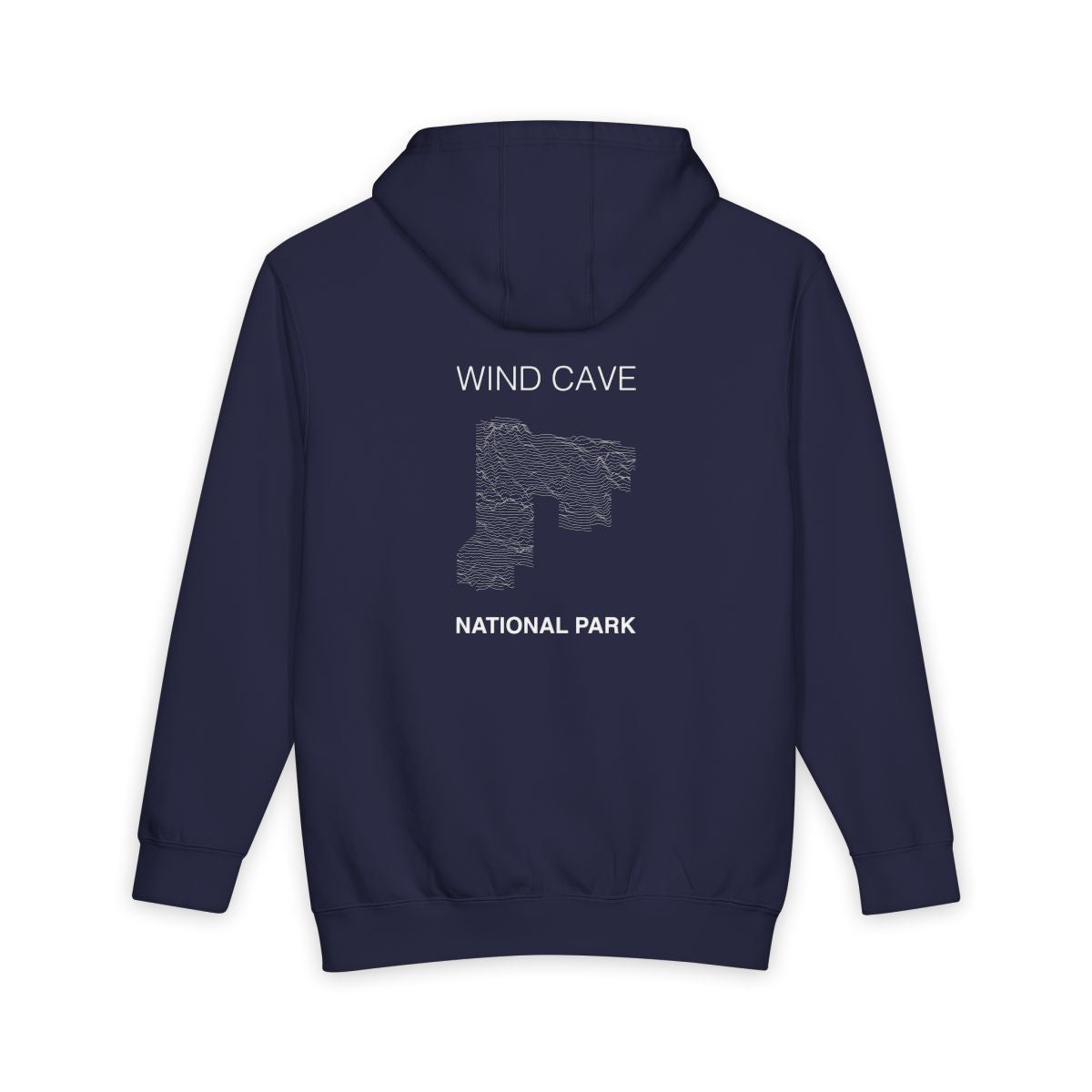 Navy Blue Wind Cave National Park hoodie, back view with topographic line design