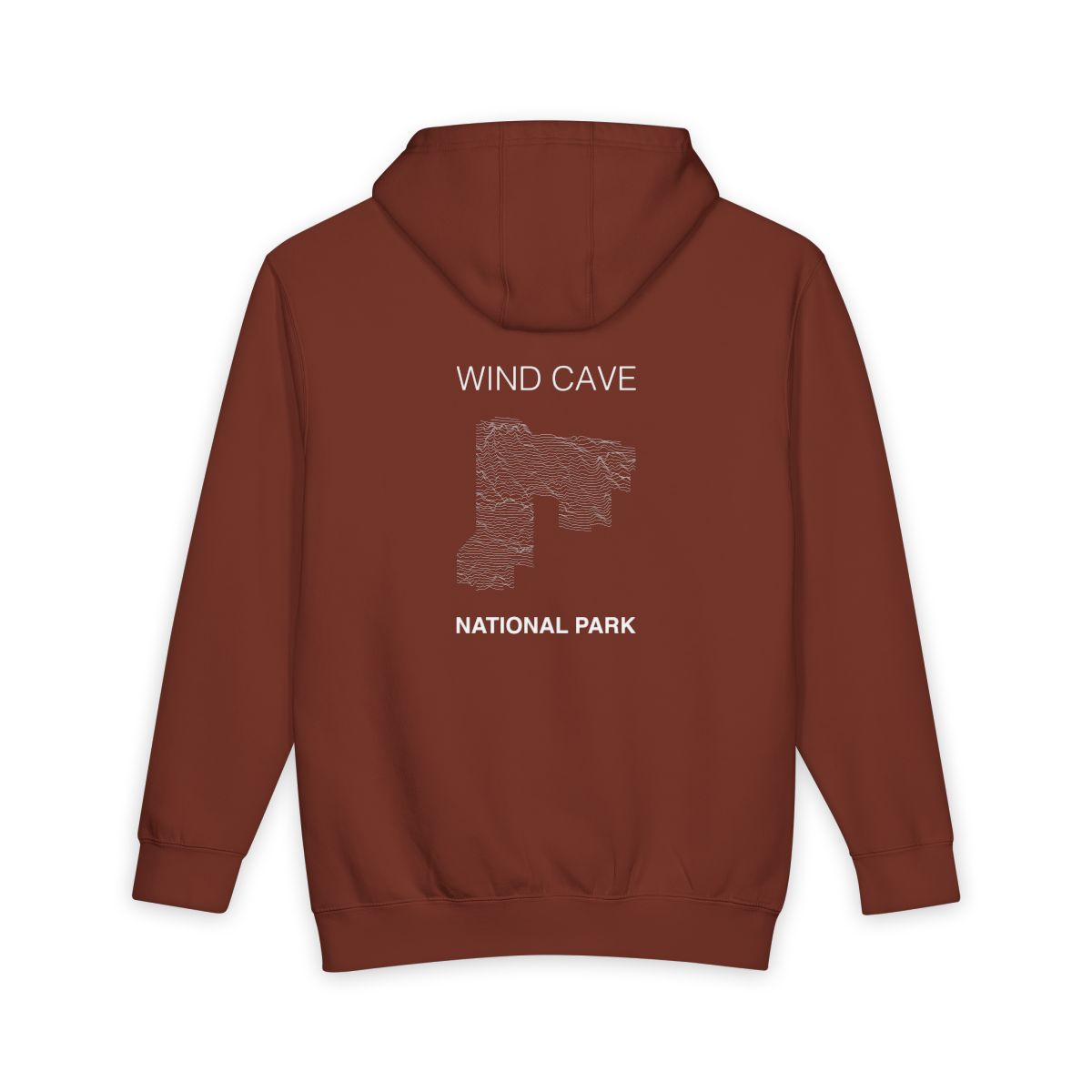 Paprika Wind Cave National Park hoodie, back view with topographic line design