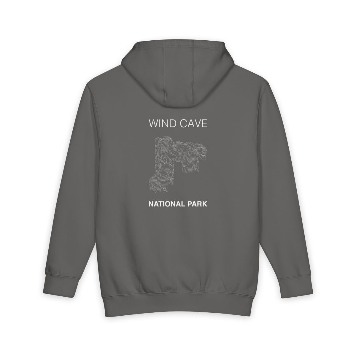 Storm Wind Cave National Park hoodie, back view with topographic line design