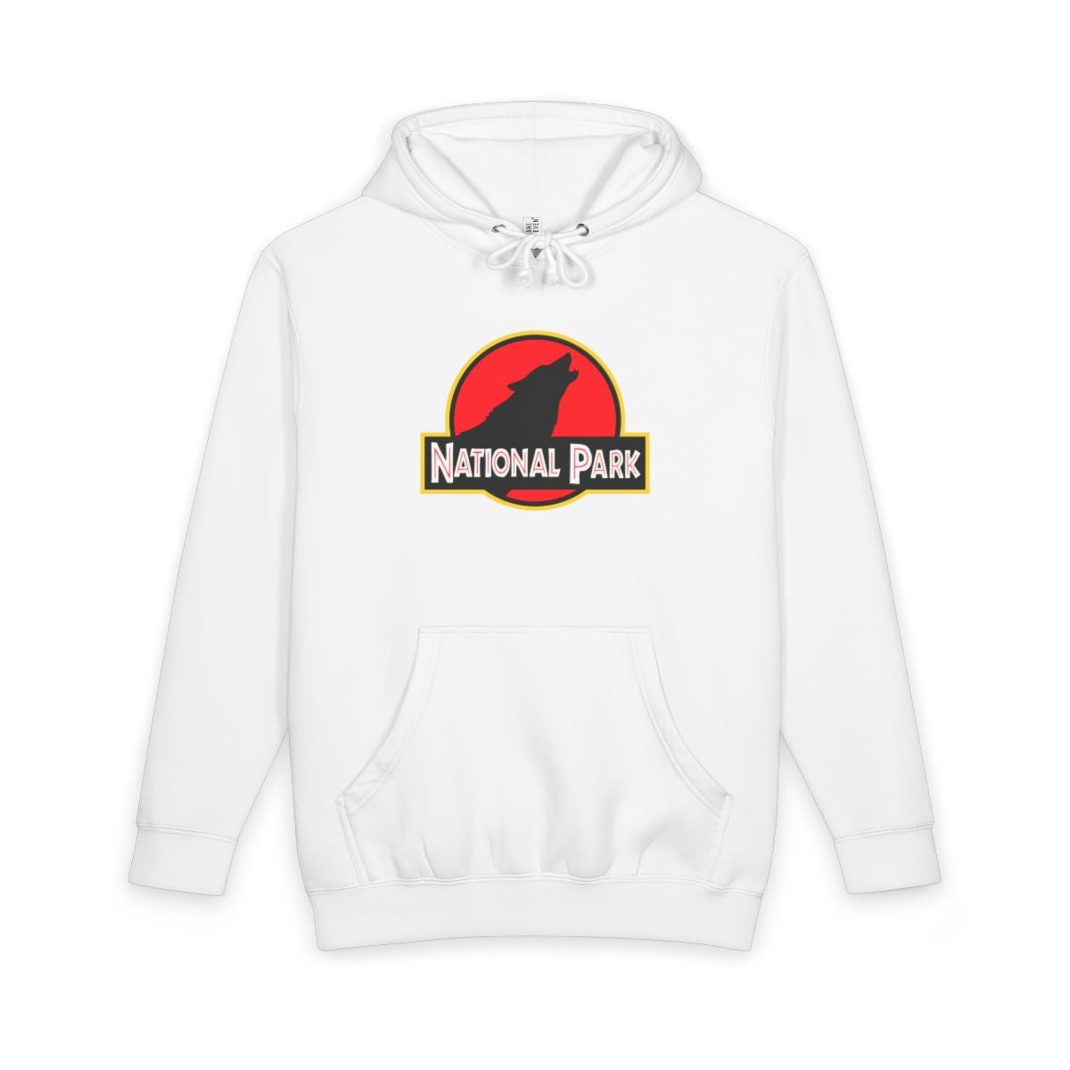 White Wolf National Park hoodie, front view with parody logo