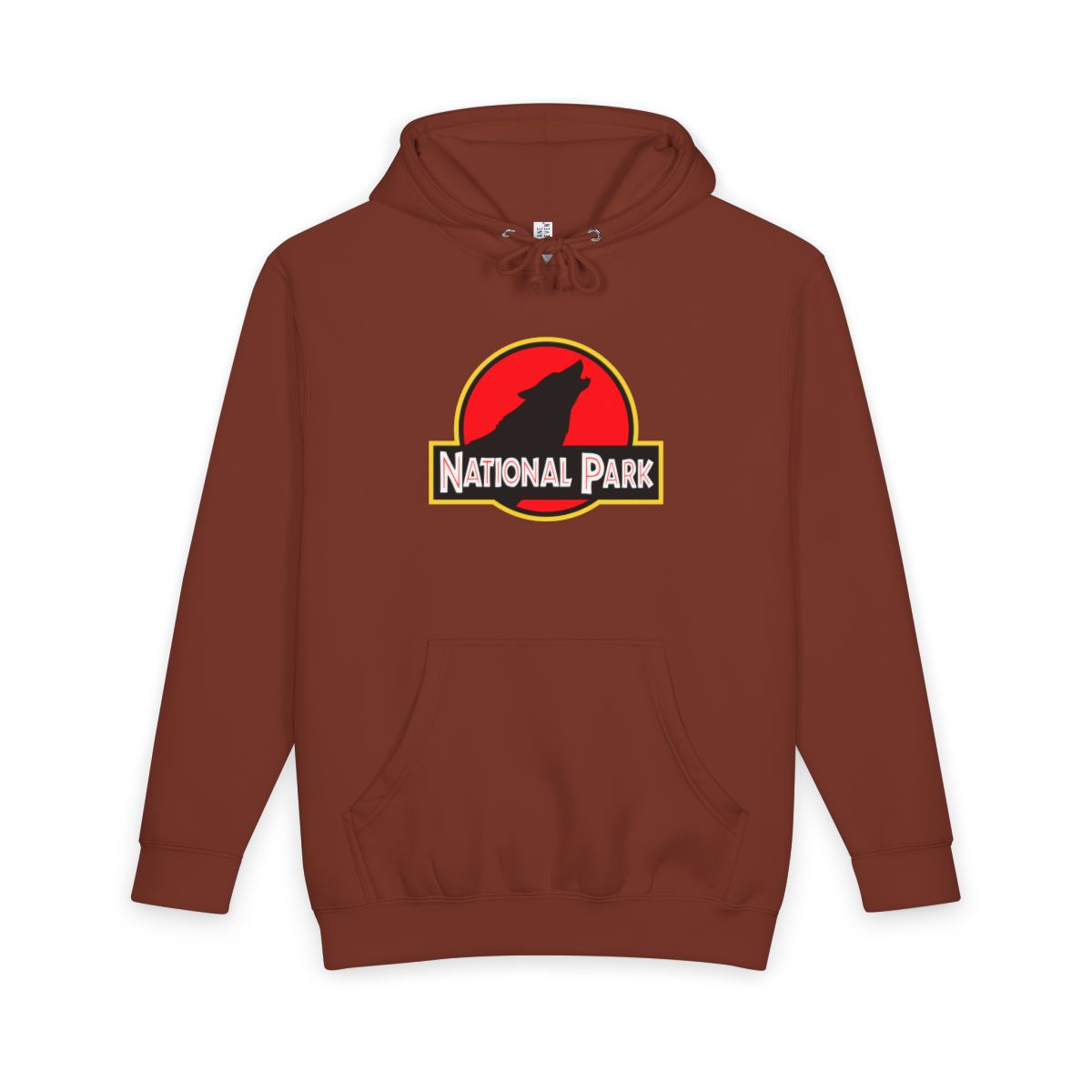 Paprika Wolf National Park hoodie, front view with parody logo
