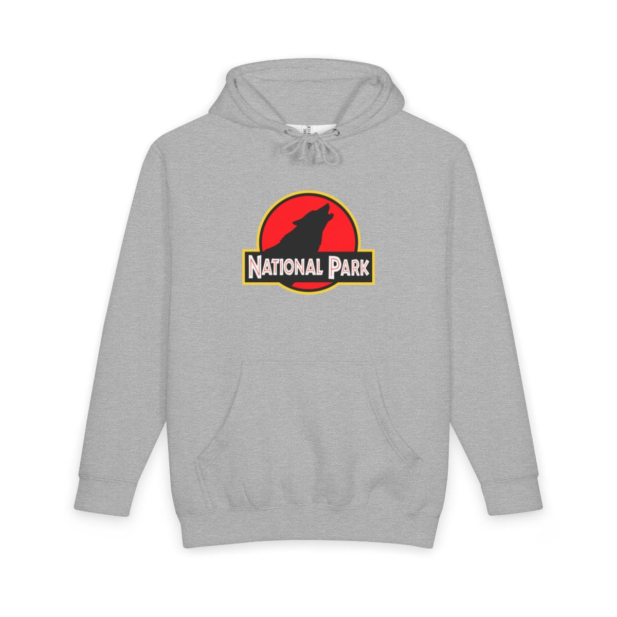 Heather Grey Wolf National Park hoodie, front view with parody logo