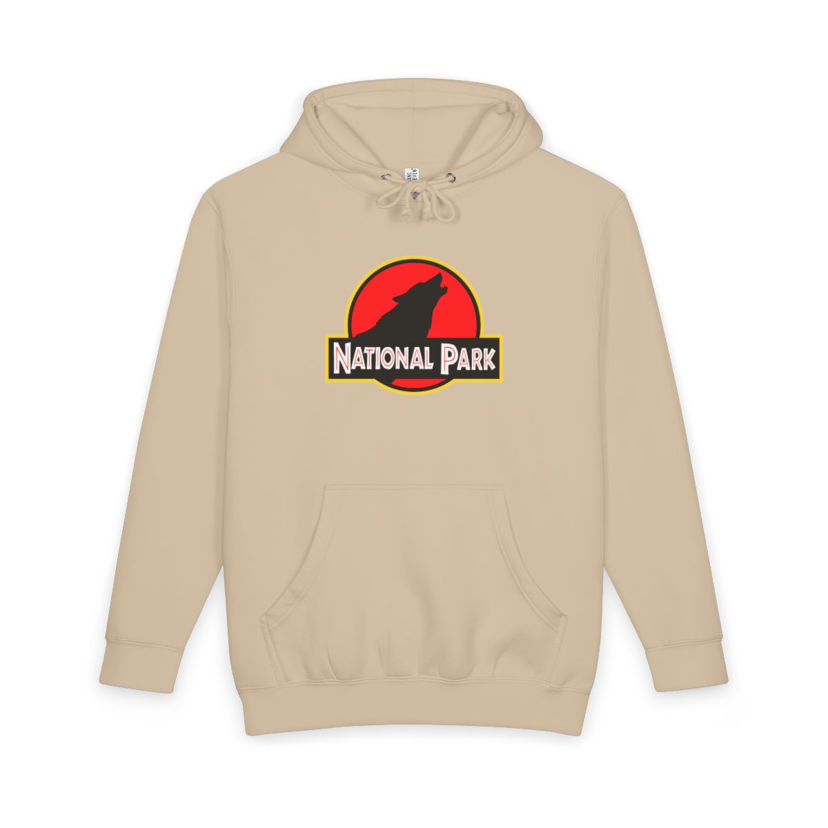 Mushroom Wolf National Park hoodie, front view with parody logo