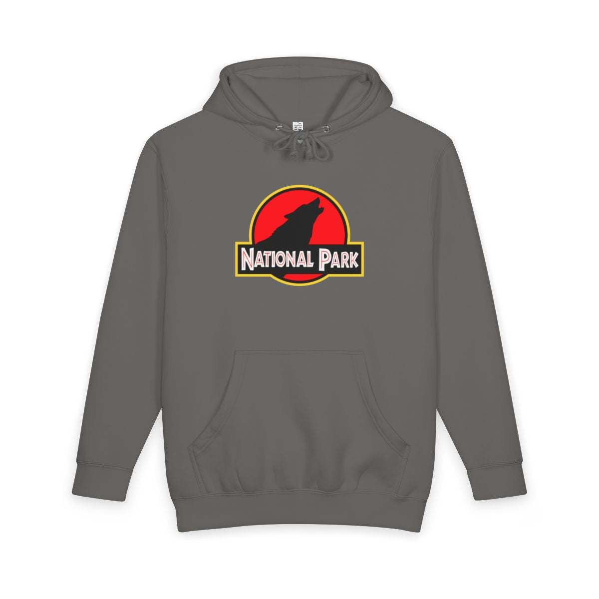 Storm Wolf National Park hoodie, front view with parody logo