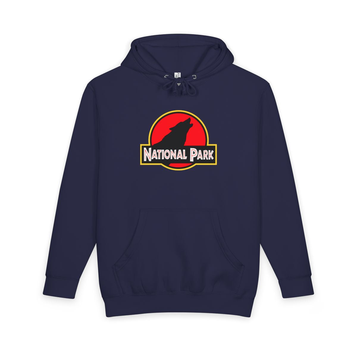 Navy Blue Wolf National Park hoodie, front view with parody logo