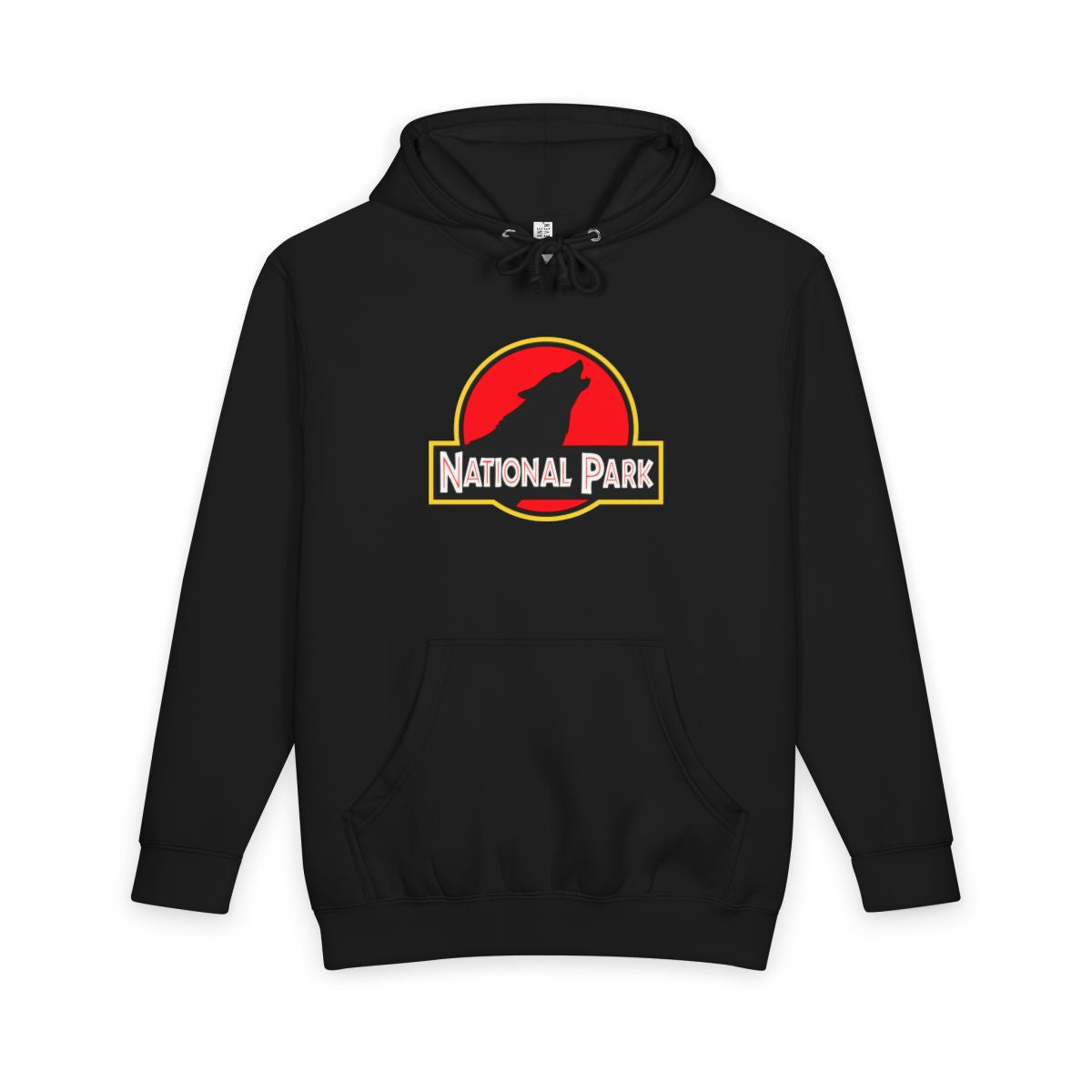 Black Wolf National Park hoodie, front view with parody logo