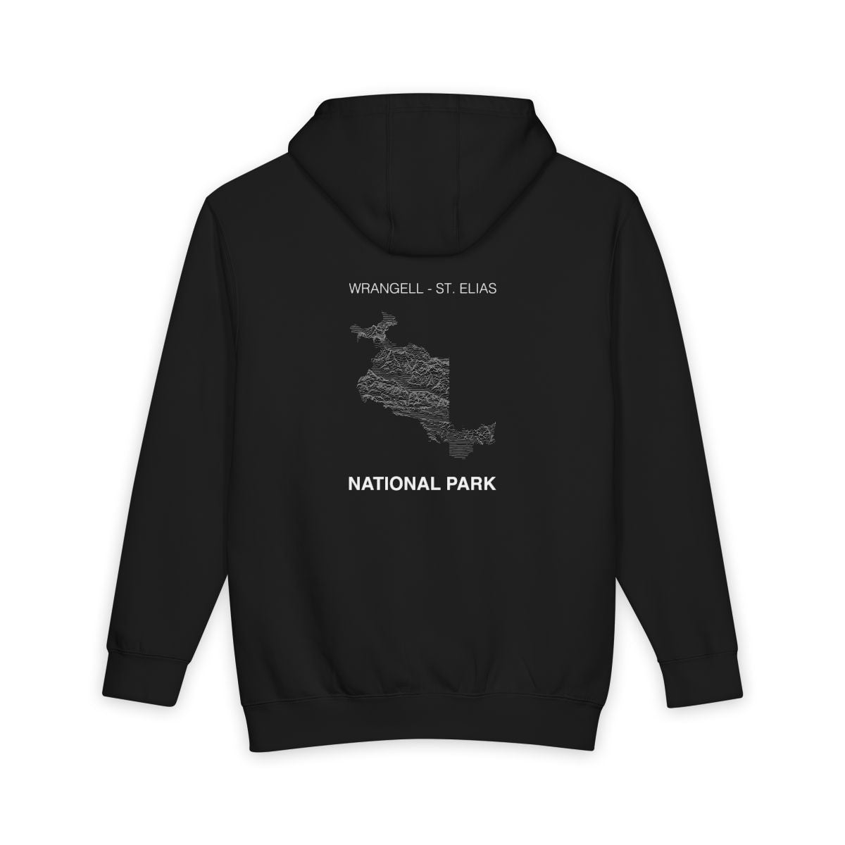 Black Wrangell St. Elias National Park hoodie, back view with topographic line design