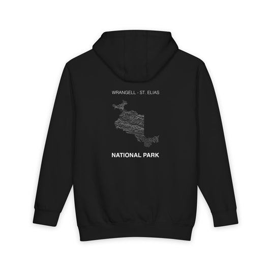 Black Wrangell St. Elias National Park hoodie, back view with topographic line design
