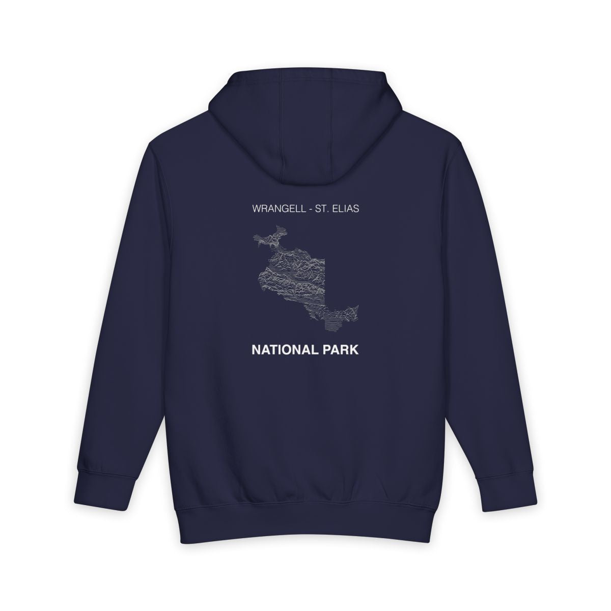Navy Blue Wrangell St. Elias National Park hoodie, back view with topographic line design