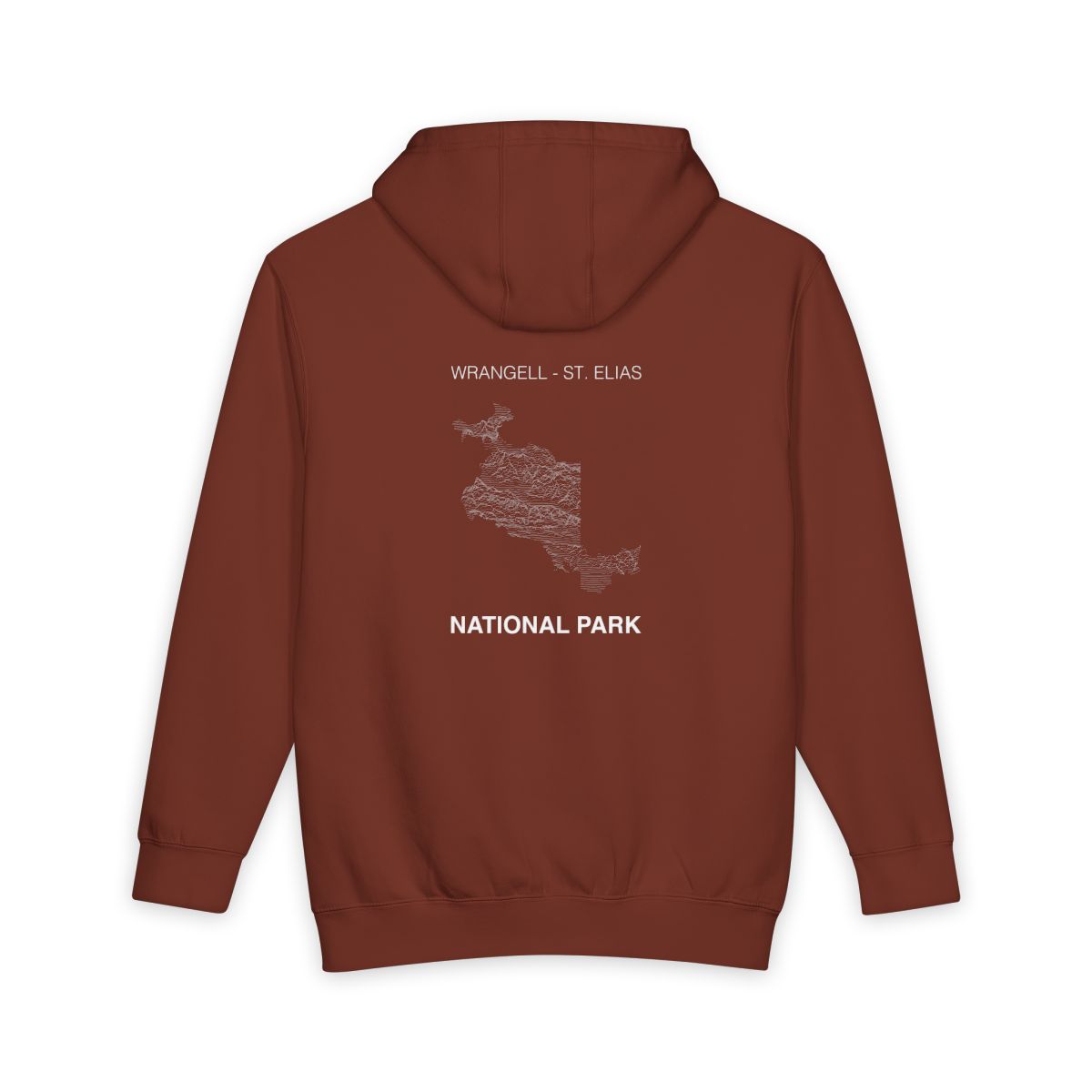 Paprika Wrangell St. Elias National Park hoodie, back view with topographic line design