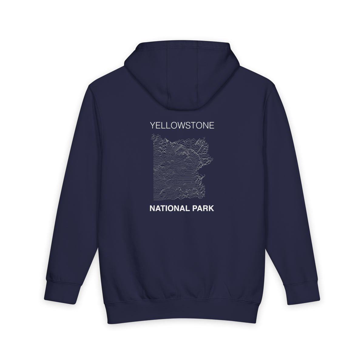 Navy Blue Yellowstone National Park hoodie, back view with topographic line design