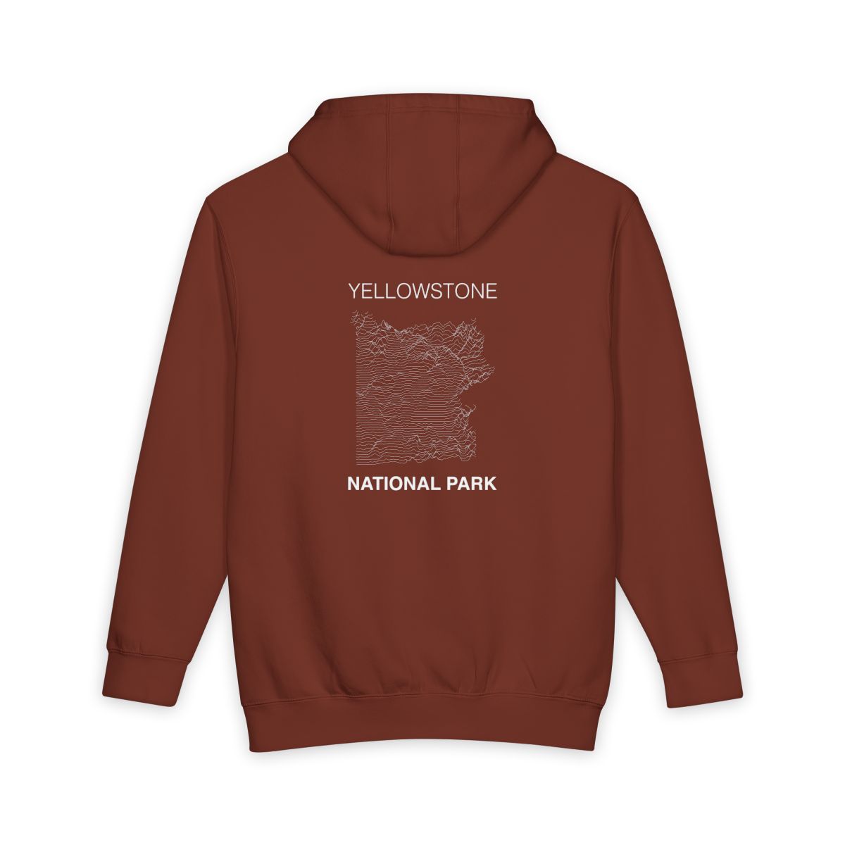 Paprika Yellowstone National Park hoodie, back view with topographic line design