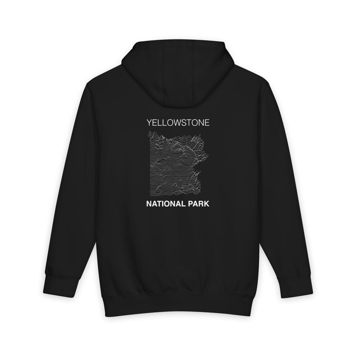 Black Yellowstone National Park hoodie, back view with topographic line design