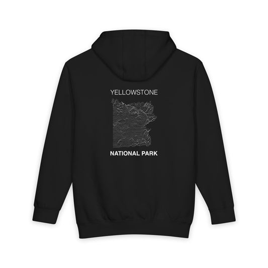 Black Yellowstone National Park hoodie, back view with topographic line design
