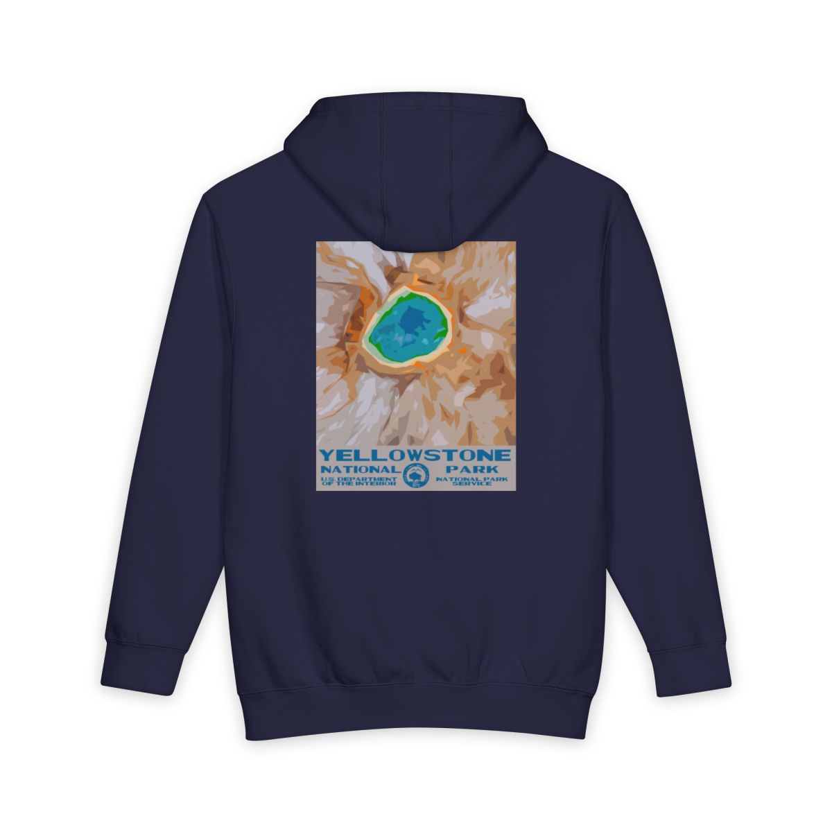 Navy Blue Yellowstone National Park hoodie, back view with national park poster artwork