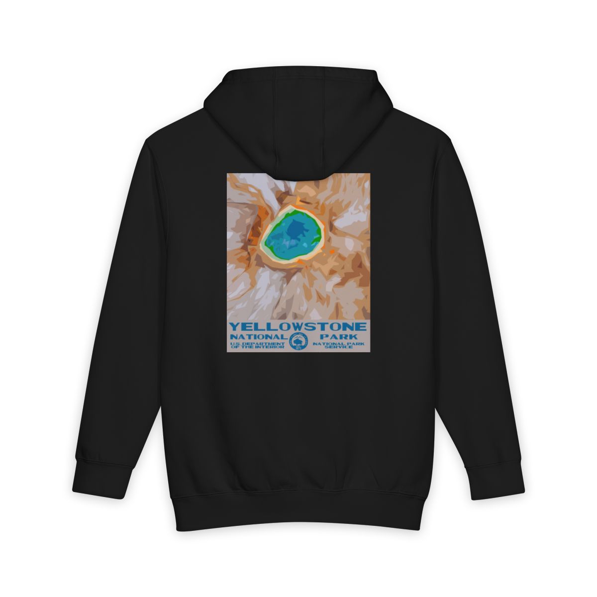 Black Yellowstone National Park hoodie, back view with national park poster artwork