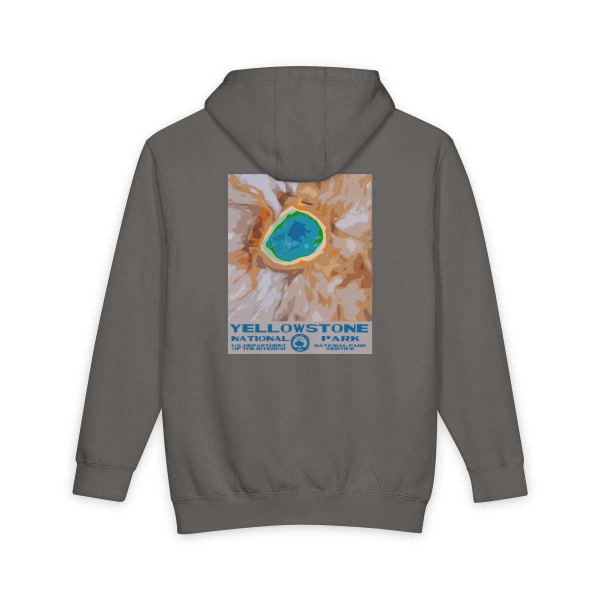 Storm Yellowstone National Park hoodie, back view with national park poster artwork
