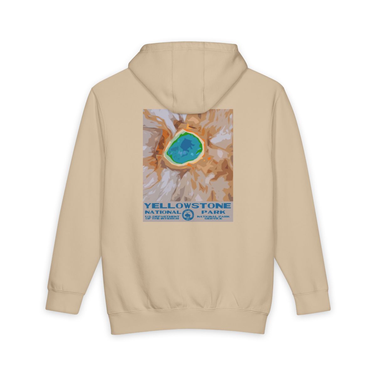 Mushroom Yellowstone National Park hoodie, back view with national park poster artwork