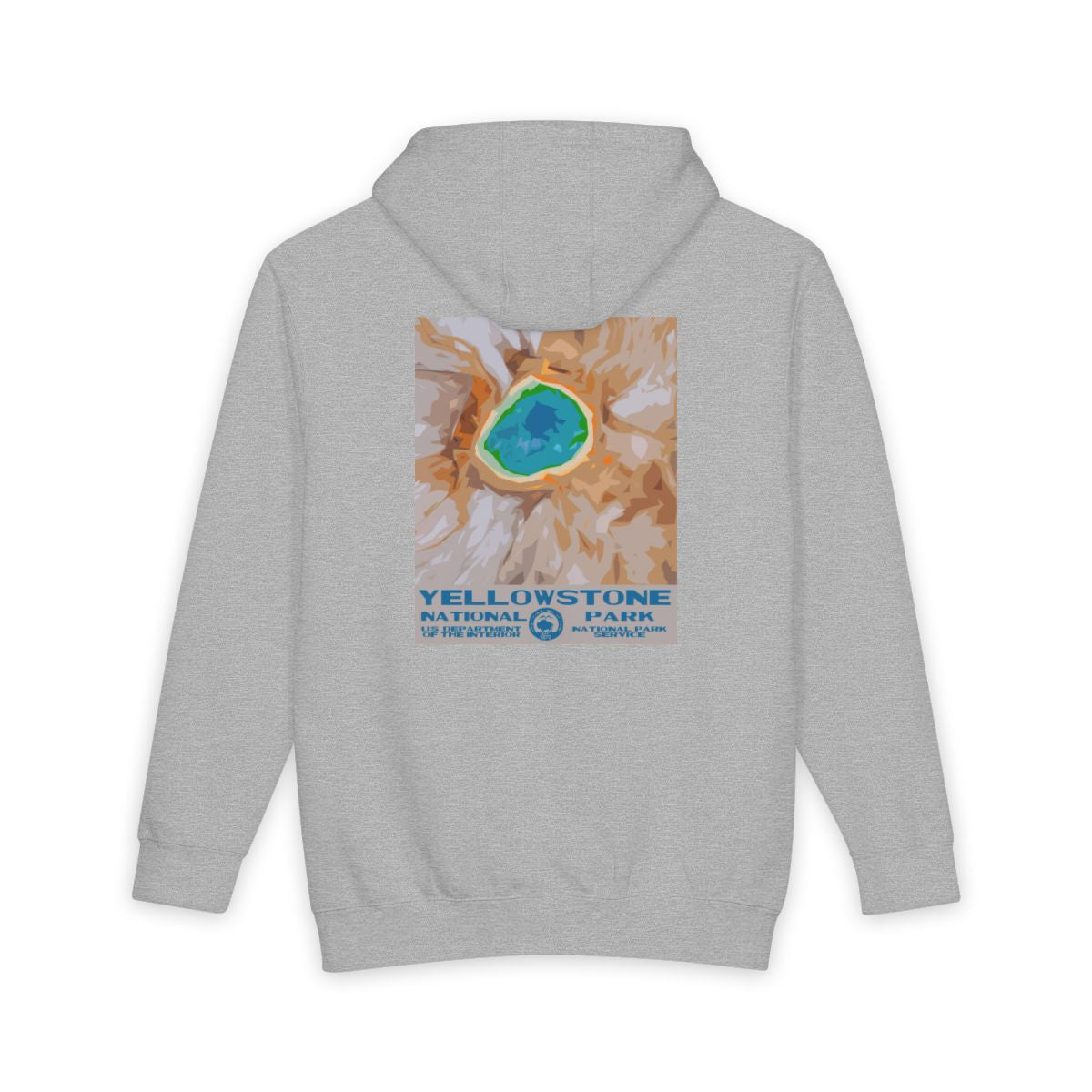 Heather Grey Yellowstone National Park hoodie, back view with national park poster artwork