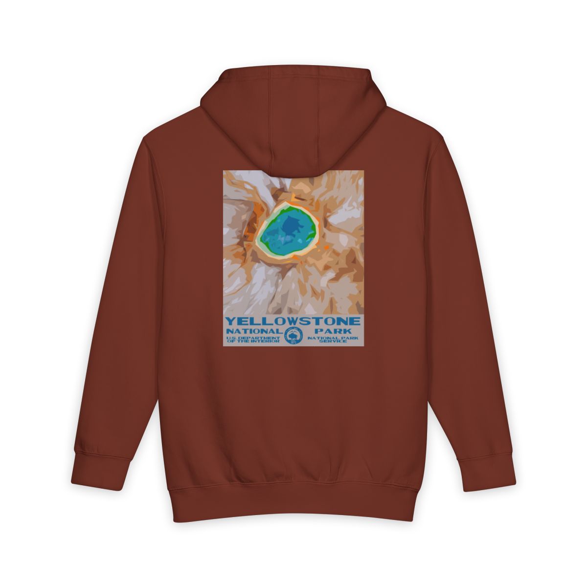 Paprika Yellowstone National Park hoodie, back view with national park poster artwork