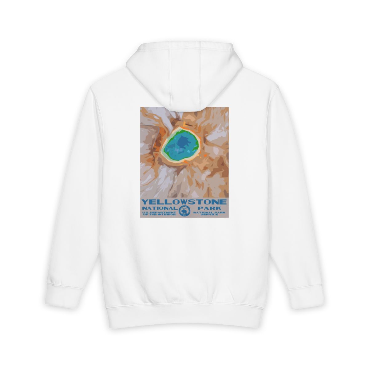 White Yellowstone National Park hoodie, back view with national park poster artwork
