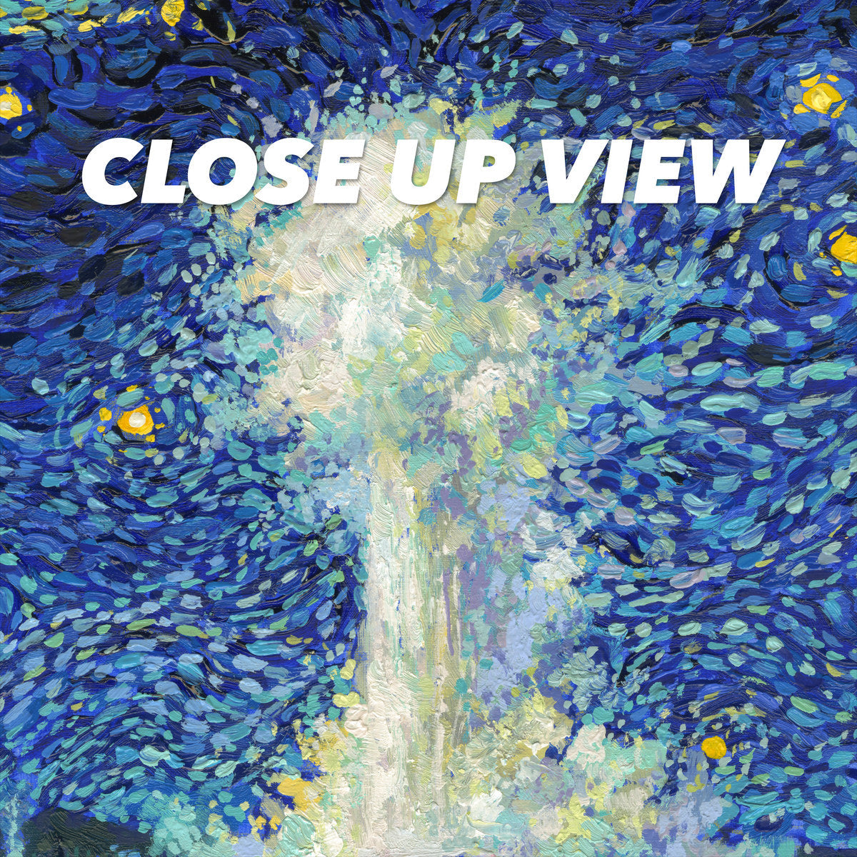 Close-up view of the Yellowstone Old Faithful Starry Night poster artwork, showing colorful Van Gogh-inspired brushwork