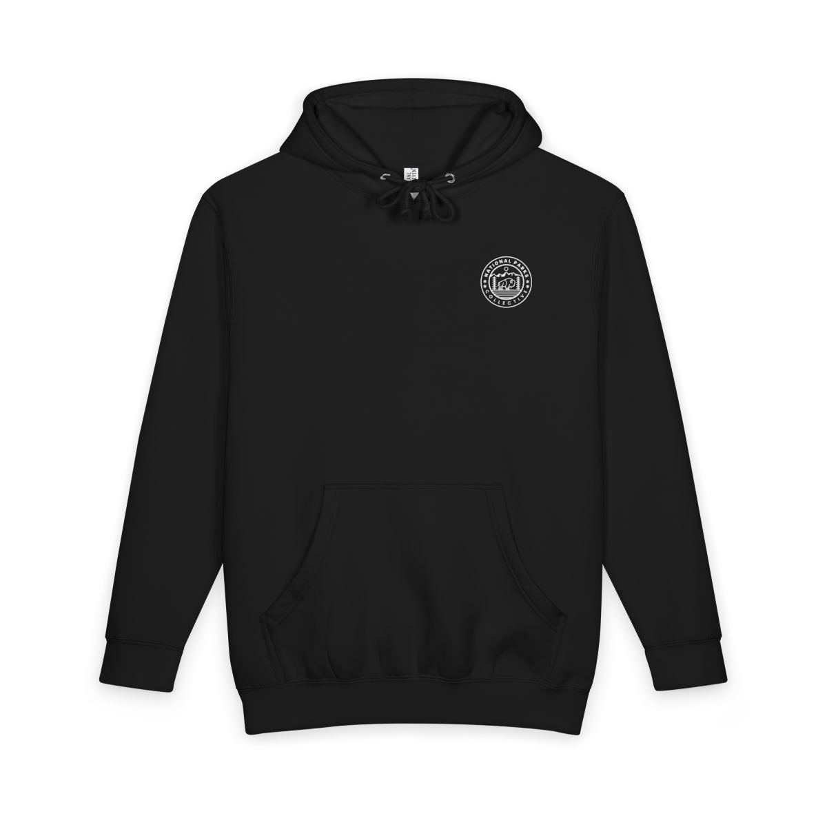 Black Yosemite National Park hoodie with topographic line design on the back, front view showing National Parks Collective chest emblem