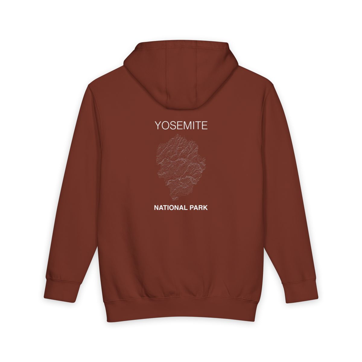 Paprika Yosemite National Park hoodie, back view with topographic line design