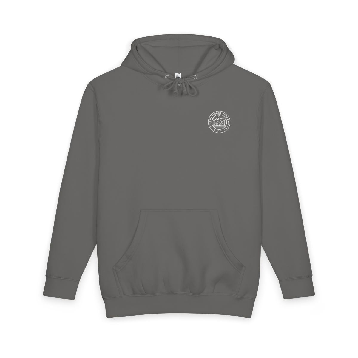 Storm Yosemite National Park hoodie with topographic line design on the back, front view showing National Parks Collective chest emblem