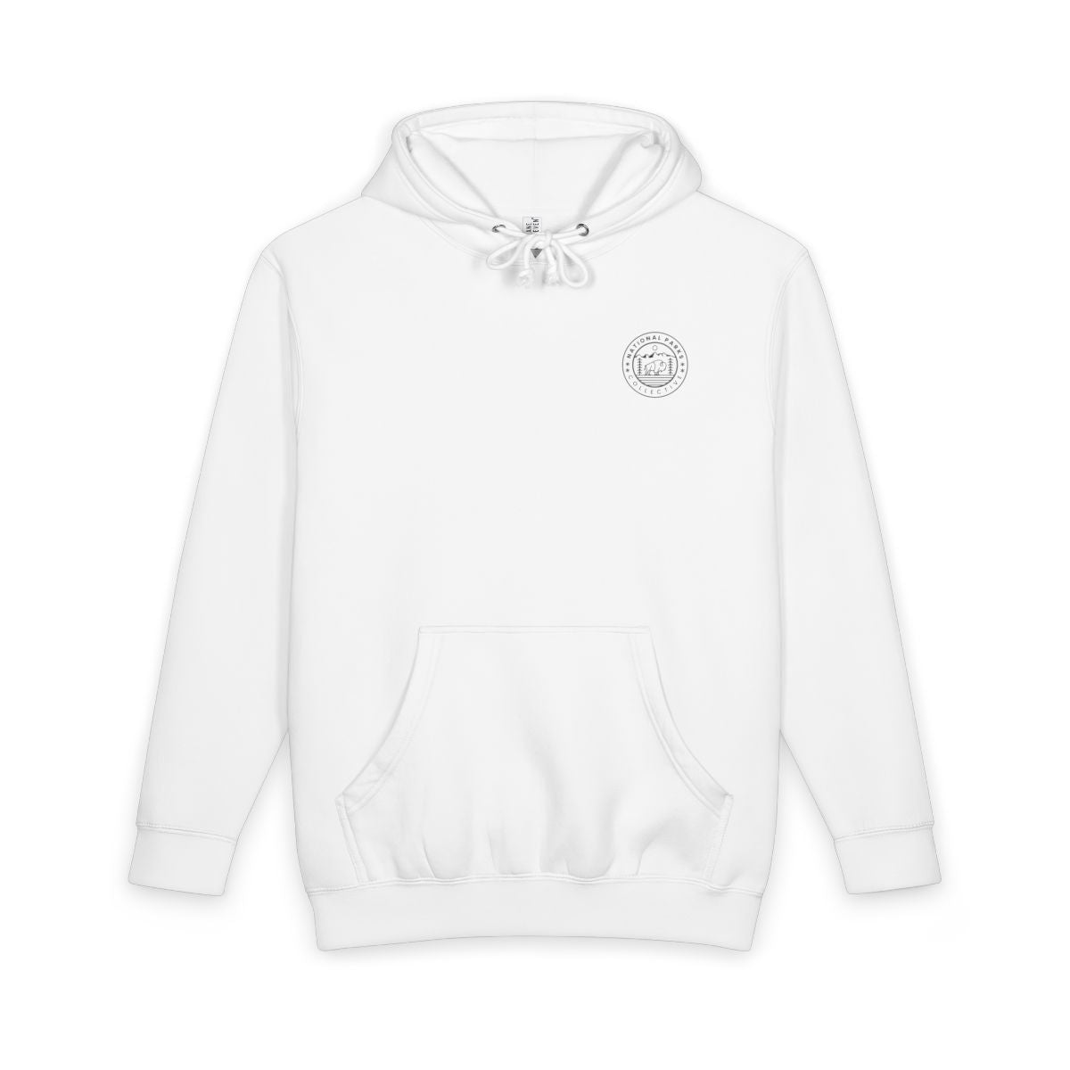 White Yosemite National Park hoodie with topographic line design on the back, front view showing National Parks Collective chest emblem