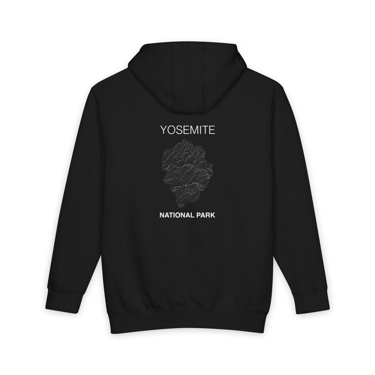 Black Yosemite National Park hoodie, back view with topographic line design