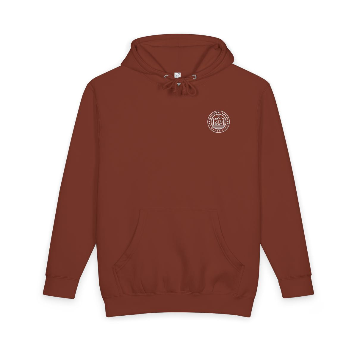 Paprika Yosemite National Park hoodie with topographic line design on the back, front view showing National Parks Collective chest emblem