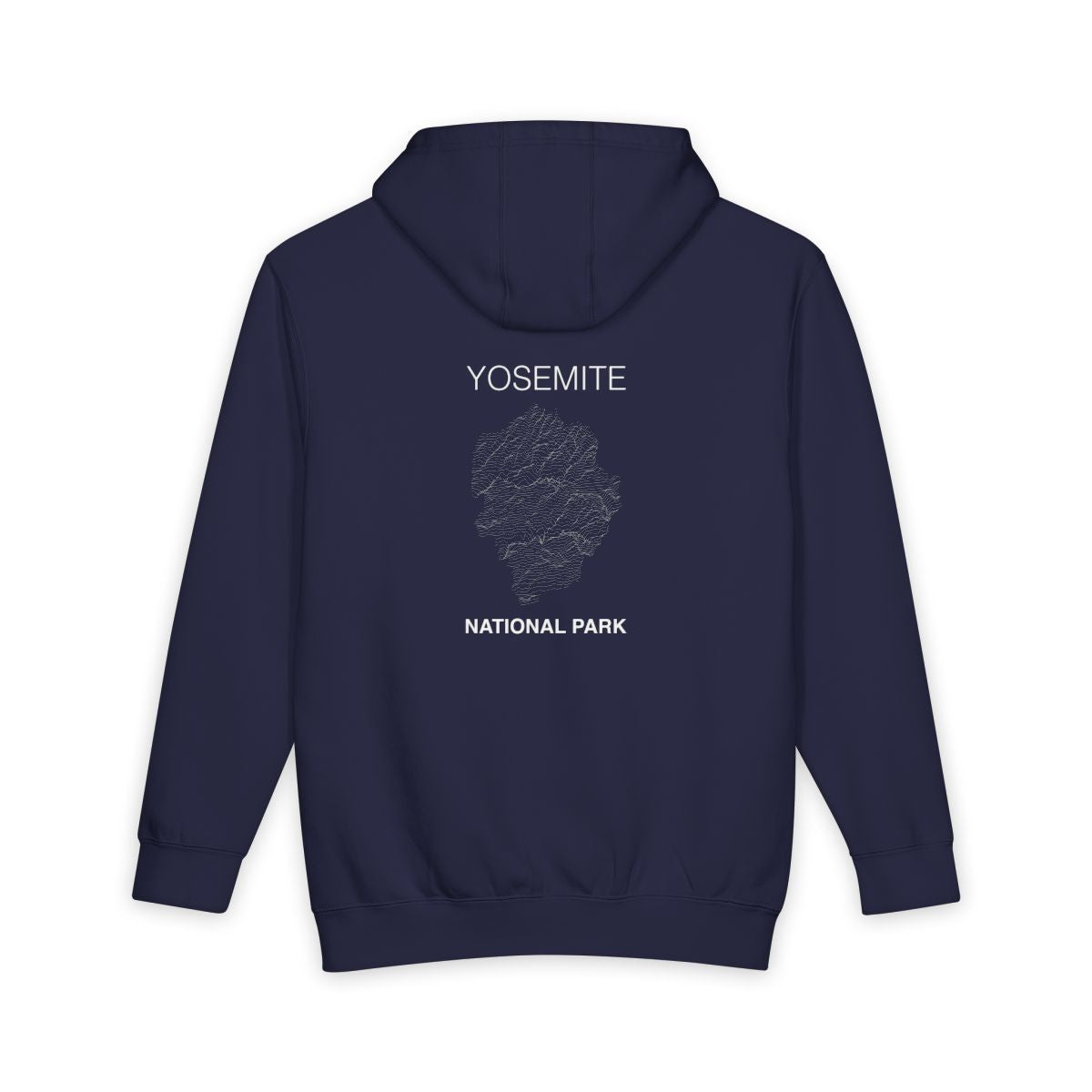 Navy Blue Yosemite National Park hoodie, back view with topographic line design