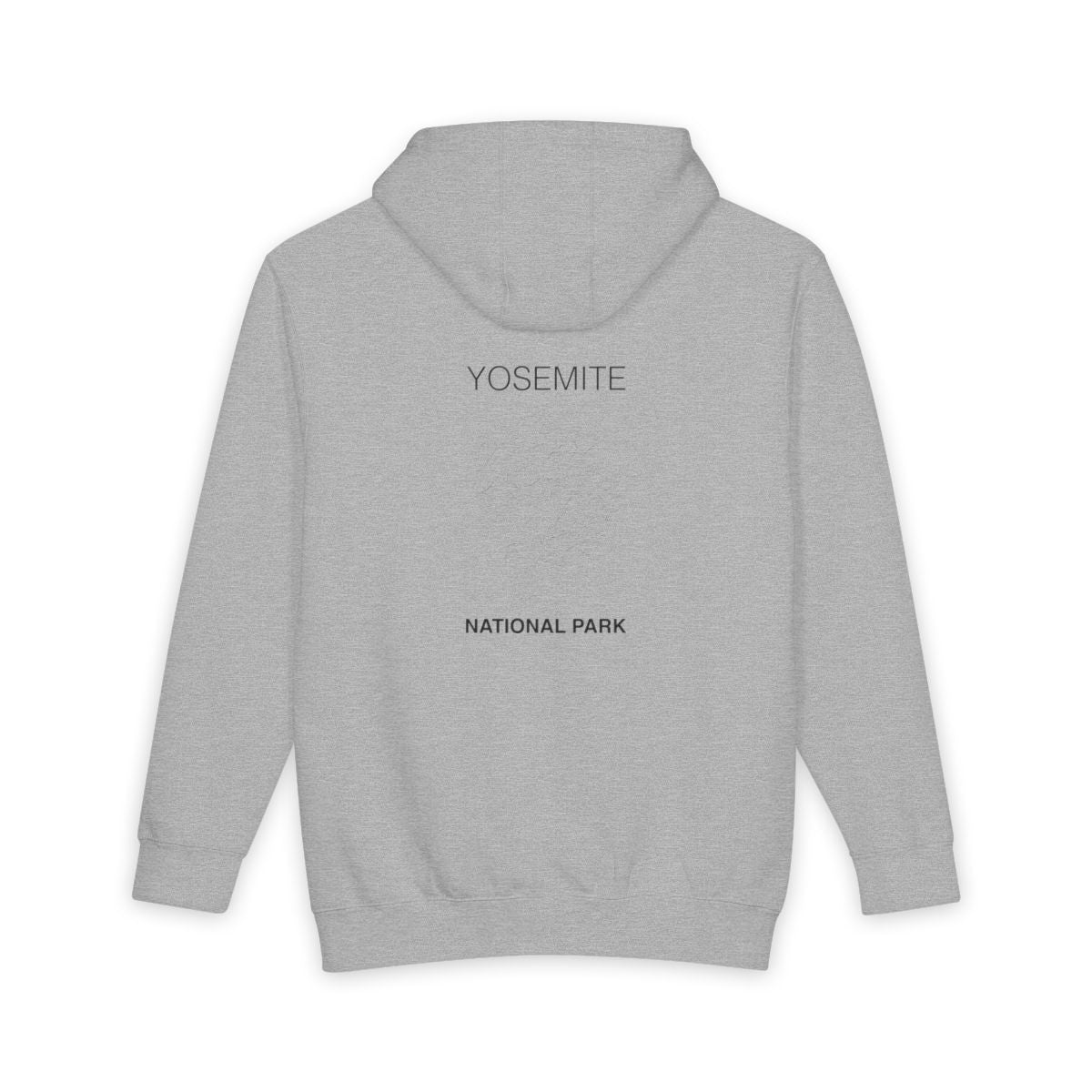 Heather Grey Yosemite National Park hoodie, back view with topographic line design