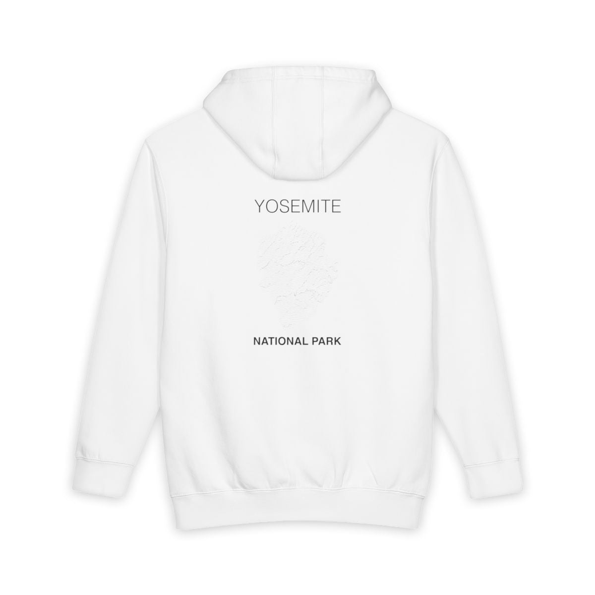 White Yosemite National Park hoodie, back view with topographic line design