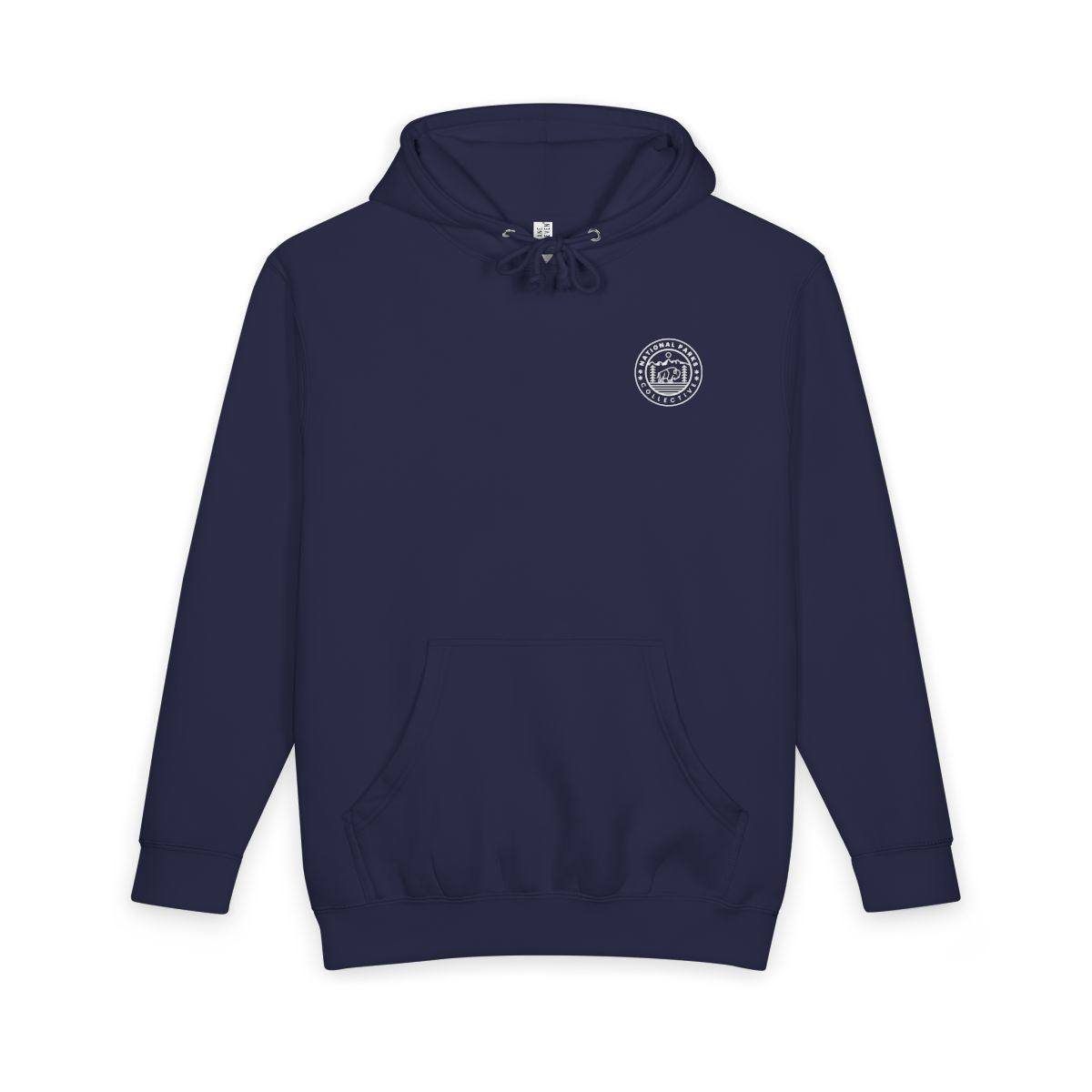 Navy Blue Yosemite National Park hoodie with topographic line design on the back, front view showing National Parks Collective chest emblem