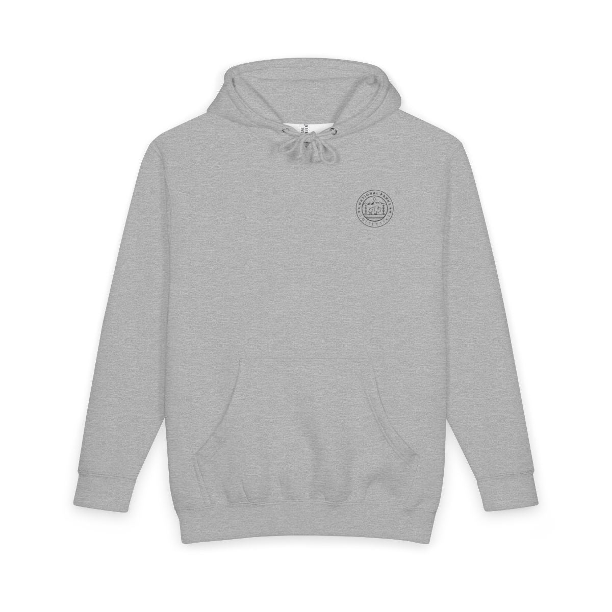 Heather Grey Yosemite National Park hoodie with topographic line design on the back, front view showing National Parks Collective chest emblem