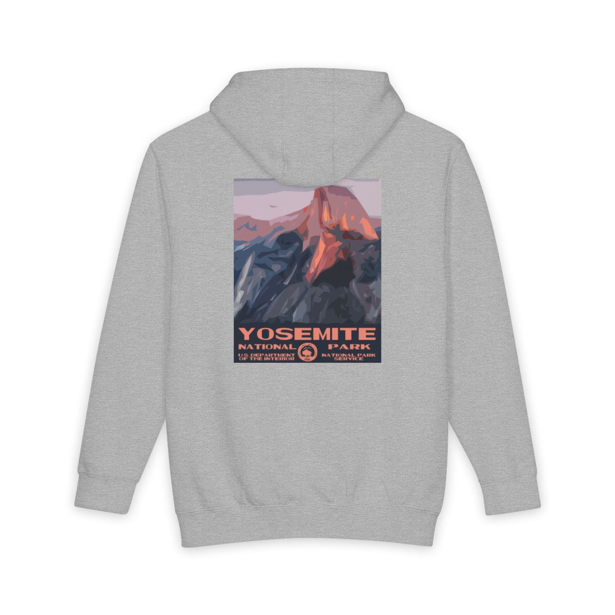 Heather Grey Yosemite National Park hoodie, back view with national park poster artwork