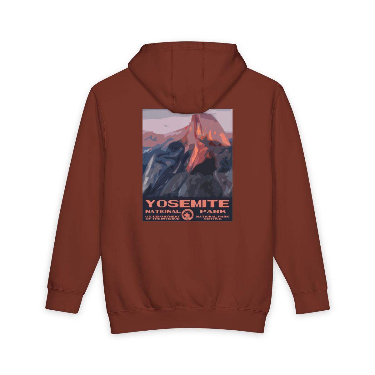 Paprika Yosemite National Park hoodie, back view with national park poster artwork